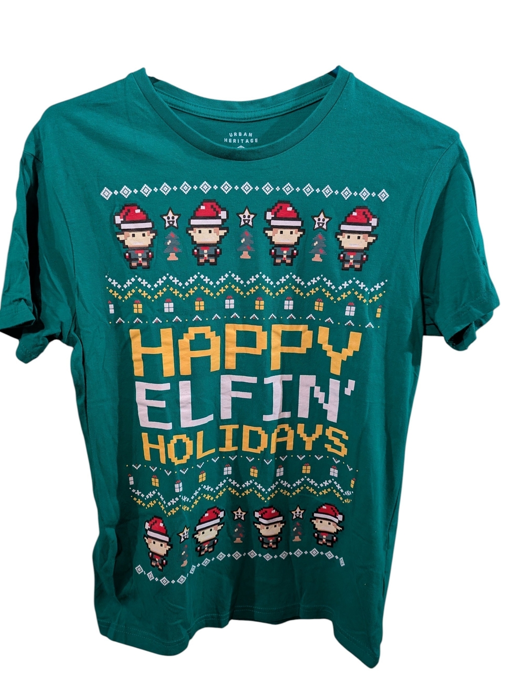 Urban Heritage Teal 'Happy Elfin' Holidays' Graphic Holiday Tee